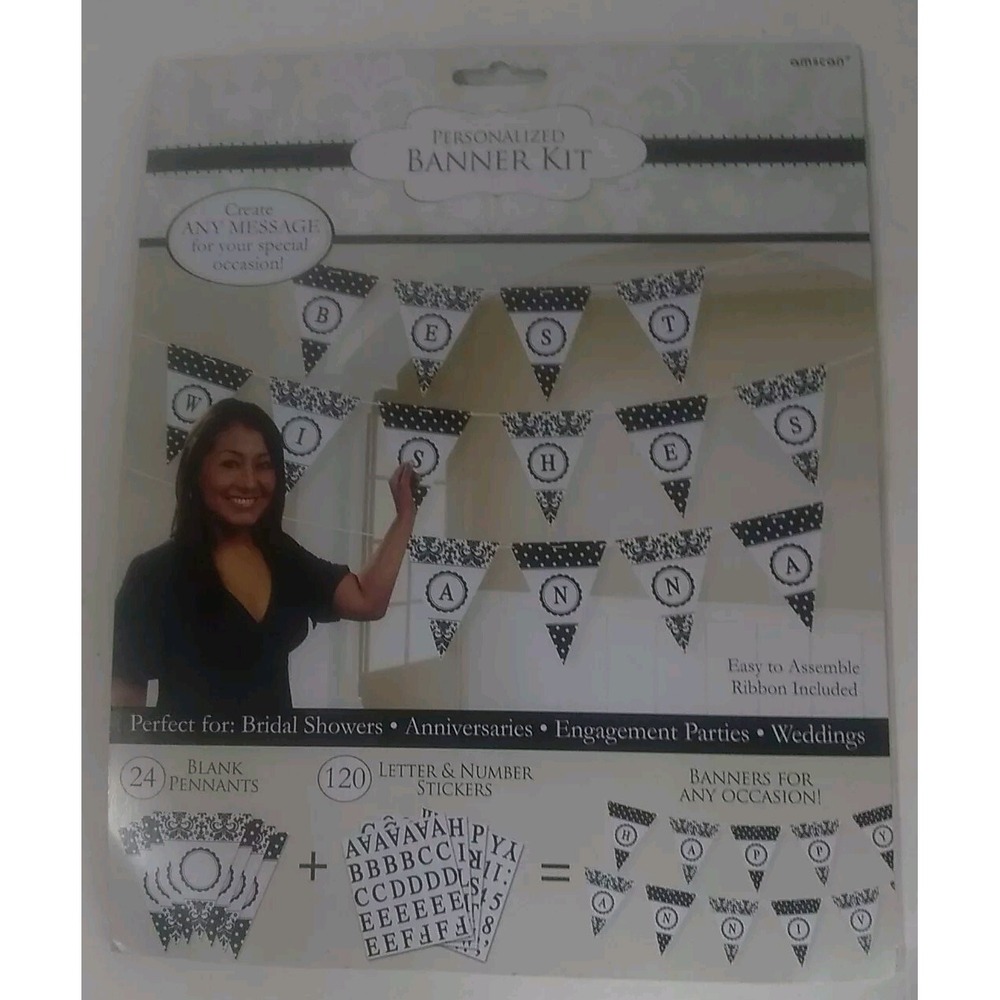 Party Banner Kit Personalized Amscan Black White Polka Dots Floral Scroll Create